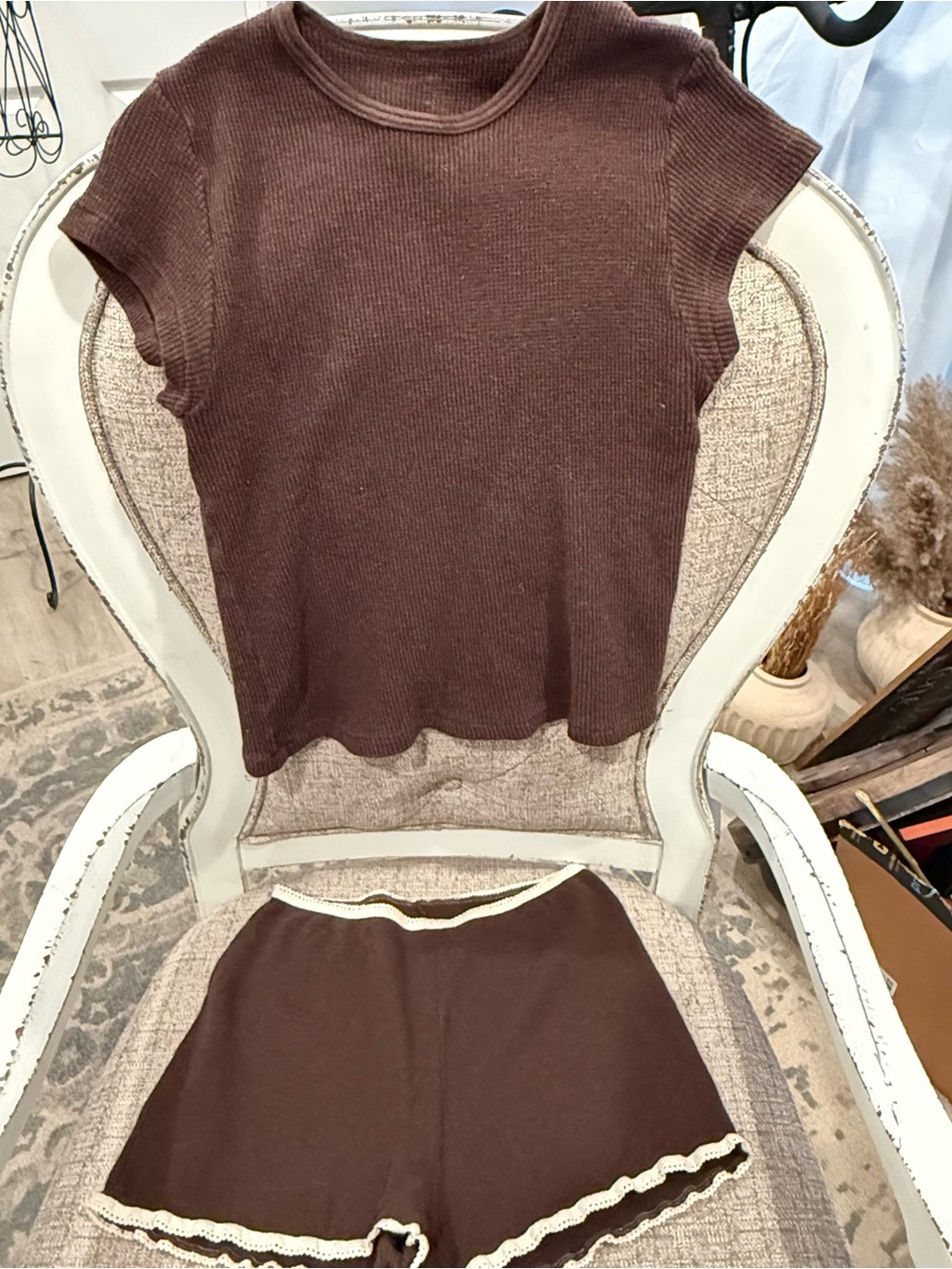 Brandy Melville Chocolate Waffle Short Sleeve Top with Lace Trimmed  Shorts
